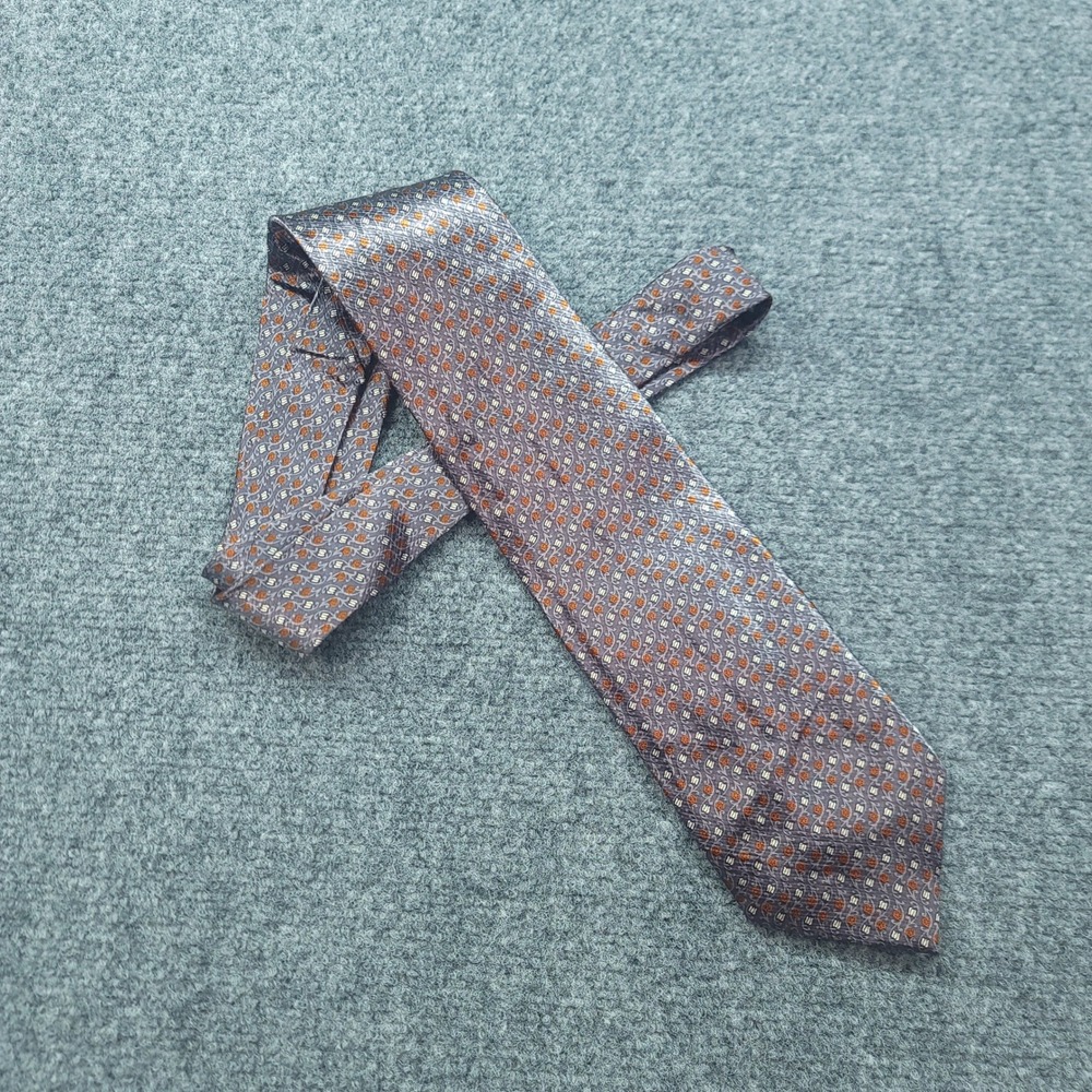 Belisi Mens Silk Tie Grey Orange Floral Medallion Handmade Extra Long 66 Inch